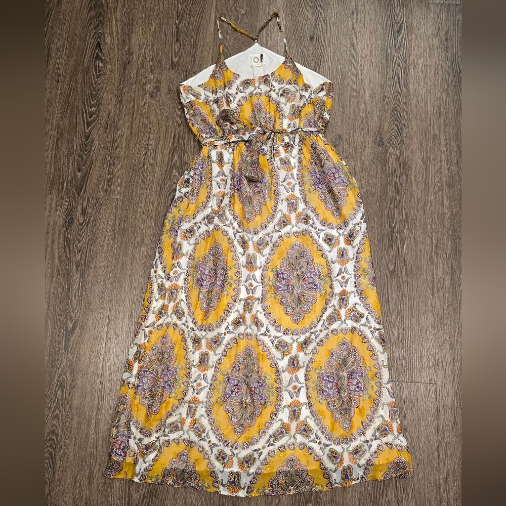 Anthropologie Yellow, Gold, Green and Purple Maxi Dress XL